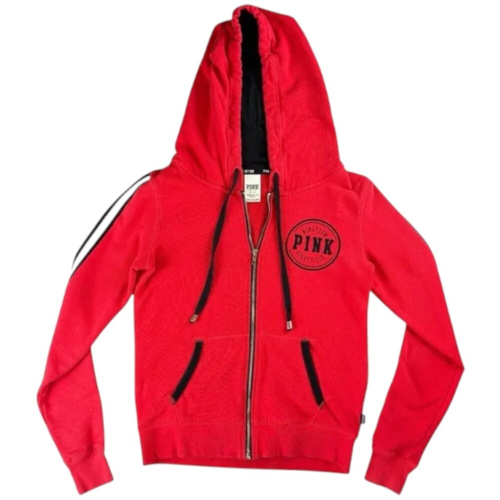 PINK Victoria's Secret Limited Edition Red Zip Hoodie XS | White & Black Stripe - Picture 3 of 11